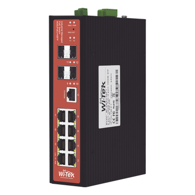 WIPMS312GFIV2 - Switch PoE Industrial Administrable / 8 Puertos Gigabit + 4 SFP / PoE Mixto 24V/48V / 802.3af/at/bt 60W / Protección 8kV / Riel DIN / -40°C a 80°C