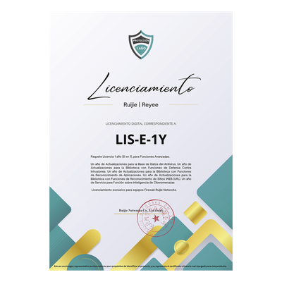 RG-WALL1600-Z5100-S-LIS-E-1Y - Licencia Anual / 5 Funciones Avanzadas / Firewall Z5100 / Antivirus / Ciberamenazas / IPS / Reconocimiento Apps y URL