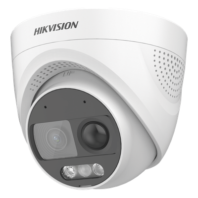 DS-2CE72DF3T-PIRXOS - Cámara Turret TURBOHD / 2 Megapixel 1080p / Imagen a Color 24/7 / Luz Blanca 20 m (65.6 ft) / Sensor PIR 110° / Sirena 93.5 dB / Estrobo Rojo-Azul / IP67 / WDR 130 dB / Micrófono Integrado