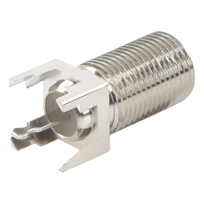 RFF-1450-03 - Conector F Hembra / Montaje Vertical PCB / 4 Terminales de Soldadura / Separación 0.32" / Cuerpo Níquel / Contacto Estañado / Dieléctrico Polietileno