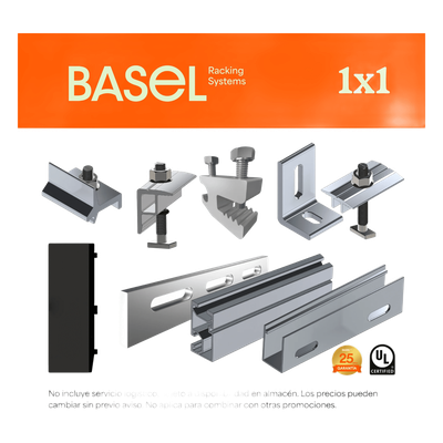 KITBASEL1X1 - Sistema de Montaje Solar / Techo Plano / 1 Módulo / Resistencia Viento 140 km/h / Inclinación 15° / Área 4 m² (43.1 ft²)
