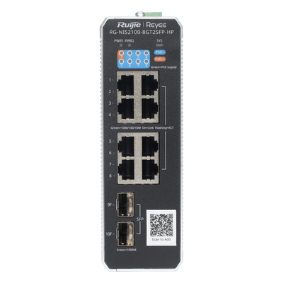 RG-NIS2100-8GT2SFP-HP - Switch Industrial PoE+ / 8 Puertos Gigabit / 1 PoE++ 60W / 7 PoE+ 30W / 2 SFP Uplink / 300W Total / Capacidad 20 Gbps / Layer 2