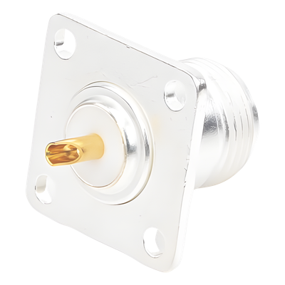 RFN-1021 - Conector RF N Hembra / Montaje Frontal en Panel / 4 Perforaciones 18 mm / Cuerpo Bronce Plateado / Contacto Oro / Aislante Teflón