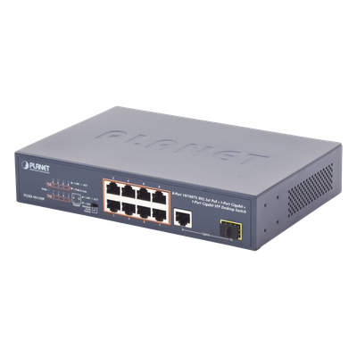 FGSD-1011HP - Switch no Administrable 8 puertos 10/100 PoE 802.3af/at 135W, 1 puerto Uplink 10/100/1000 y 1 SFP 100/1000 para escritorio