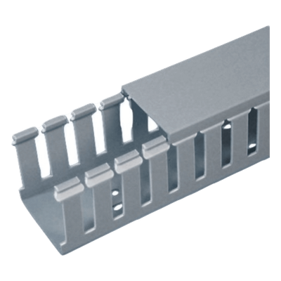 FC1.5X4LG2 - Canaleta Ranurada de PVC con Tapa / Tipo F / 1.75" Ancho x 4.1" Alto x 6.56' Largo / UL94 V-0 / Gris