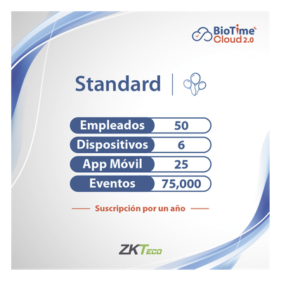 ZKT0820132 - Licencia Anual de Plataforma en la Nube / 50 Usuarios / 6 Dispositivos / Cifrado AWS / 36 Reportes / Dashboard en Tiempo Real