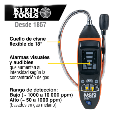 ET-120 - Detector de Fugas de Gas Combustible / 50-10,000 ppm / Sensor Electroquímico / Cuello Flexible 18'' (1.5 ft) / Alarma 85 dB