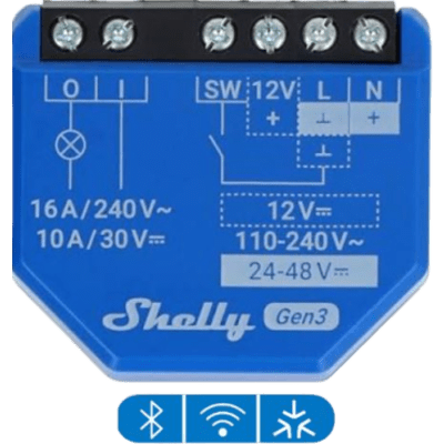 SHELLY1GEN3 - Relé Inteligente Wi-Fi / 16A / Contacto Seco / 110-230V AC / 12-48V DC / Control por Voz / 41x36x16 mm