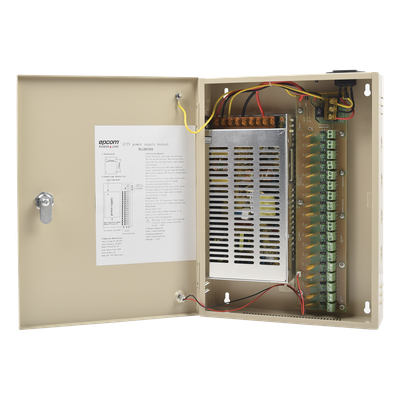 PL-12-DC-20A - Fuente de alimentación para 12 Vcc, 20 A, 18 salidas; Voltaje de entrada : 100-240 Vca, con capacidad de respaldo, requiere batería