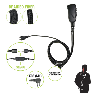 SNP-1W-03-BF - Micrófono de solapa / Cable fibra trenzada anti-enredos / Conector SNAP 2 pines Motorola / Clip metal 360°