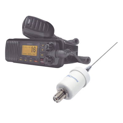 UM-385BK/KIT1600 - Kit de radio marina con antena de fibra de vidrio / 25W / GPS integrado / IPX4 / Cable 4.5 m (14.8 ft)