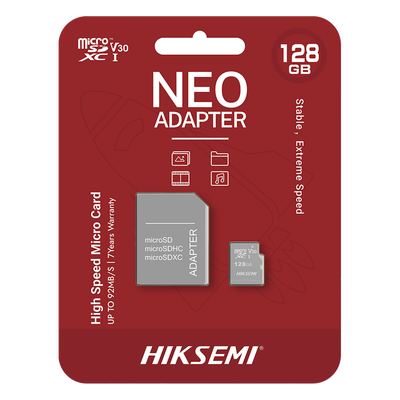 HS-TF-C1/128G/NEO/A - Memoria microSDXC con Adaptador / 128 GB / Clase 10 / Lectura 92 MB/s / Escritura 40 MB/s / NAND TLC / Resistente a Agua y Golpes