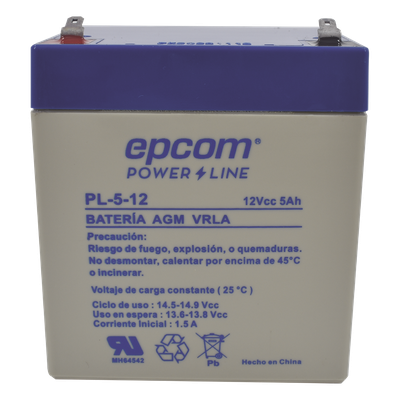 PL512 - Batería 12 Vcc / 5 Ah / UL / Tecnología AGM-VRLA / Para uso en equipo electrónico Alarmas de intrusión / Incendio/ Control de acceso / Video Vigilancia / Terminales F1 / Cargador recomendado CHR-80.