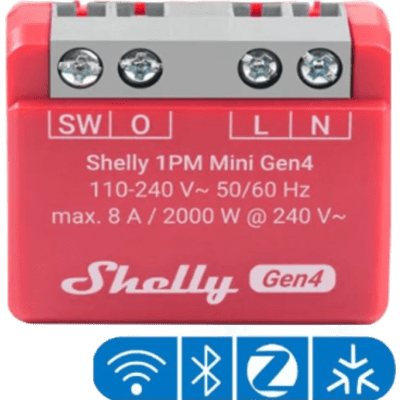 SHELLY1PMMINIGEN4 - Interruptor Inteligente Mini / 1 Canal 8 A / Medición de Consumo / Multiprotocolo Wi-Fi, Zigbee, Bluetooth, Matter / 110-240 V AC