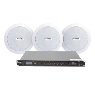 SF120DTB/3CS - Kit de Amplificador de 120W RMS para Rack / Salida 100V/4Ω / 3 Altavoces de Plafón Coaxiales 5.5" / Sistema 70/100V / Bluetooth, MP3, USB, FM / 4 Entradas de Micrófono / Resistente a Humedad