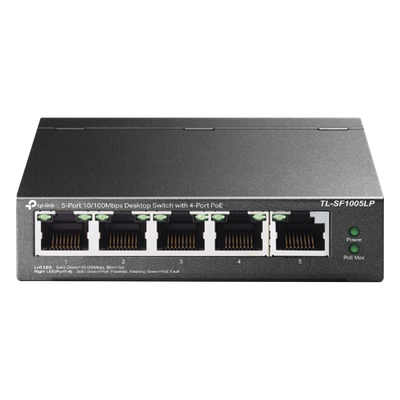 TLSF1005LP - Switch PoE No Administrable / 5 Puertos 10/100 Mbps / 4 Puertos PoE 802.3af / Presupuesto 41 W / Extensión PoE 250 m (820 ft) / Sin Ventilador