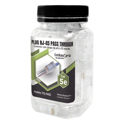 TC5-PASS - Plug Pass Through RJ45 Cat5e / Sin Blindaje / Chapado Oro 30 Micras / Calibre 24AWG / 100 Piezas