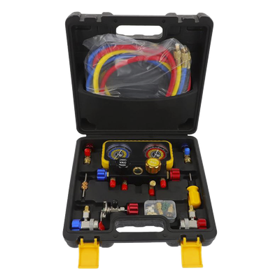 PSTH08002 - Manómetro de 4 Vías / Compatible con R410A, R32, R134A, R22 / 4 Mangueras 1.5 m / Cuerpo Cobre y ABS / Estuche Incluido