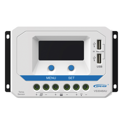 VS-3048-AU - Controlador Solar PWM / 30A / 12/24/36/48V Auto / Tierra Positivo Común / Doble USB 2.4A / Pantalla LCD