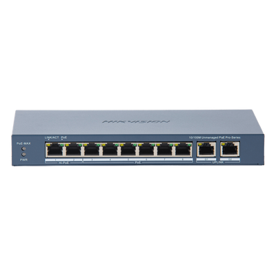 DS-3E0310HP-E(C) - Switch PoE+ / 7 Puertos 10/100 Mbps 30W / 1 Puerto Hi-PoE 90W / 2 Uplink Gigabit / Alcance Extendido 300 m (984 pies) / 110 W Total
