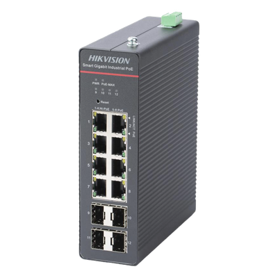 DS-3T1512HP-SI-8P4F - Switch Industrial Administrable PoE+ / 8 Puertos Gigabit PoE+ (4x90W + 4x30W) / 4 Puertos SFP / 300W Total / 300 m Alcance / -40°C a 75°C / 984 pies de Distancia