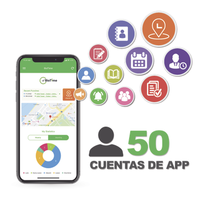 BIOTIMEAPP50 - Licencia de Asistencia Móvil / 50 Usuarios / GPS y Fotografía / Compatible con BioTime Pro