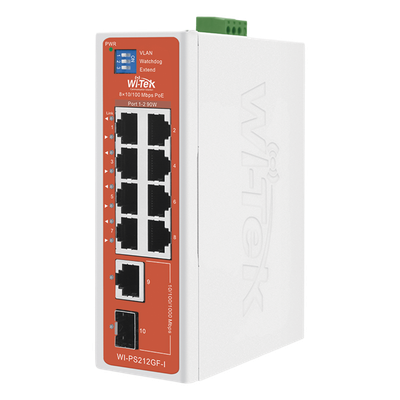 WI-PS212GF-I-V2 - Switch Semi-Industrial / No administrable / 8 puertos 10/100 PoE af/at/bt / 1 puerto Gigabit RJ45 Uplink / 1 puerto SFP Uplink / Presupuesto PoE 110 Watts /