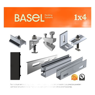 KITBASEL1X4 - Sistema de Montaje Solar / Techo Plano / 4 Módulos / Resistencia 140 km/h / Inclinación 15° / Rieles 4.72 m (15.5 ft)