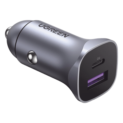 40858 - Cargador Vehicular / 30W / Puertos USB-C PD 3.0 y USB-A QC 3.0 / Entrada 12-24V / Aluminio / Protección Integral