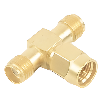 RSA-3400-1 - Adaptador RF en T / SMA Macho a Doble SMA Hembra / Recubrimiento de Oro / Aislante de Teflón