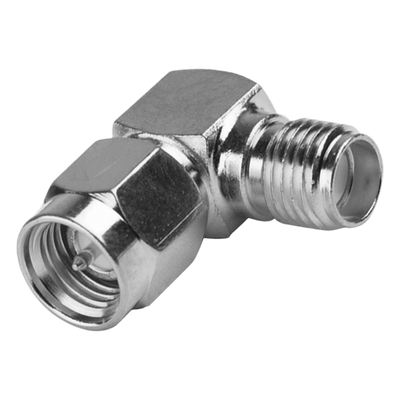 RSA-3402 - Adaptador RF Coaxial / Ángulo Recto / SMA Macho a SMA Hembra / Cuerpo Bronce Niquelado / Contacto Oro / Aislante Teflón