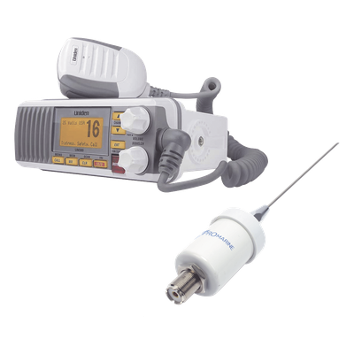 UM385/KIT1600 - Kit de radio marina con antena de fibra de vidrio / 25W / LCD grande / GPS y DSC Clase D / IPX4 / 4.5m (14.8 ft) de cable