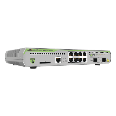 AT-GS970M/10-10 - Switch Administrable Capa 3 / 8 Puertos RJ-45 10/100/1000 Mbps / 2 Puertos SFP Gigabit / 20 Gbps Switching Fabric / 1U Rack / 1.08 x 0.75 x 0.14 ft