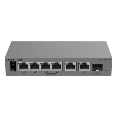 RG-ES207GS-HP - Switch Capa 2 Smart Cloud Managed / 7 Puertos Gigabit / 2 PoE++ 90 W + 2 PoE+ / Presupuesto PoE 120 W / 1 Puerto SFP 1GE / Protección 6 kV / Sin Ventilador