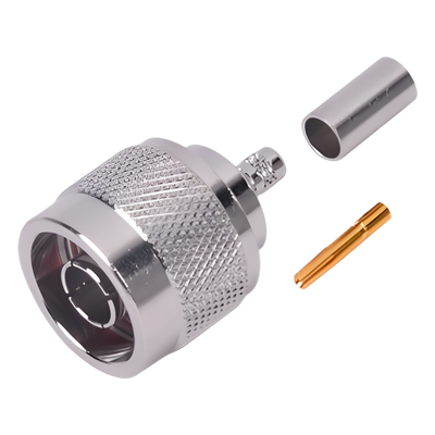 RP-1005-C - Conector N Macho Inverso / Anillo Plegable / Cuerpo Bronce Niquelado / Contacto Oro / Teflón / RG-58/U, RG-142/U