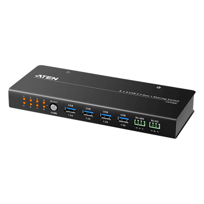 US3384I - Conmutador de Uso Compartido USB 3.2 Gen 1 Industrial | 8 Puertos para Computadoras | 4 Puertos para Dispositivos | 5 Gbps | Selección por Botón, RS-232/485 o Remoto | Power on Detection | Carcasa de Metal | Montaje en Pared