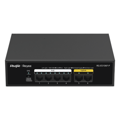 RG-ES106F-P - Switch PoE+ / 6 Puertos 10/100 Mbps / 54W PoE Total / No Administrable / Sin Ventilador