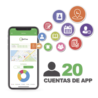 BIOTIMEAPP20 - Licencia de Asistencia Móvil / 20 Usuarios / GPS y Fotografía / Integración BIOTIMEPRO / Operación Dual Empleado-Administrador