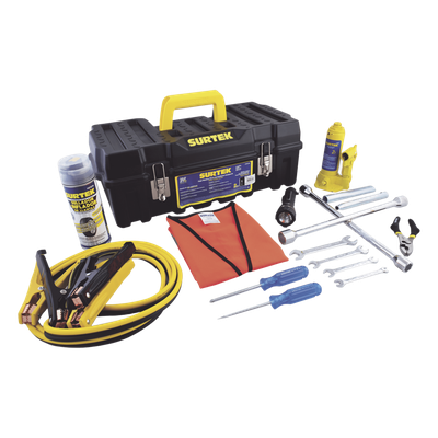 SYS-JA14 - Juego de Herramientas Automotriz / 14 Piezas / Gato 2 Toneladas / Cables Pasacorriente 2.5 m (8.2 ft) / Llaves 8-15 mm / Poncholina 12 oz