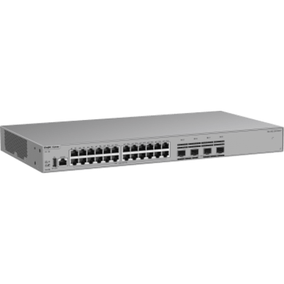 RG-CS62-24GT4XS-P - Switch Gigabit PoE+ Gestionable / 24 Puertos 10/100/1000BASE-T PoE+ / 4 Puertos SFP+ 1GE/2.5GE/10GE / Capacidad 128 Gbps / Tasa de Reenvío 95.232 Mpps / PoE Budget 370 W / Protección Sobretensión 10 kV / VSU / Línea Cybrey