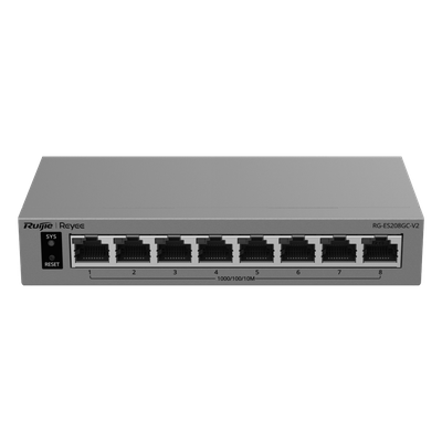 RG-ES208GC-V2 - Switch Gigabit Smart Cloud-Managed / 8 Puertos 10/100/1000BASE-T / Capa 2 / Switching 16 Gbps / AI-Powered Failover / Modo CCTV Un-Click / Gestión Cloud / Fanless / Protección Surge 6 kV