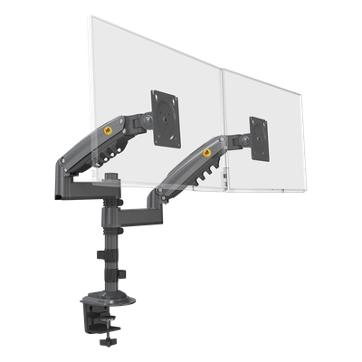 H180GNB - Brazo de Escritorio para 2 Monitores / 17 a 27 Pulgadas / Carga 9 kg por Monitor / VESA 75x75 y 100x100 / Rotación 360° / Amortiguador de Gas / Acero