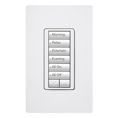 RRDW6BRLWH - Botonera de Pared Inalámbrica / 6 Botones con Subir/Bajar / Retroiluminada / RF 431-437 MHz / 120 V / Instalación en Caja Estándar