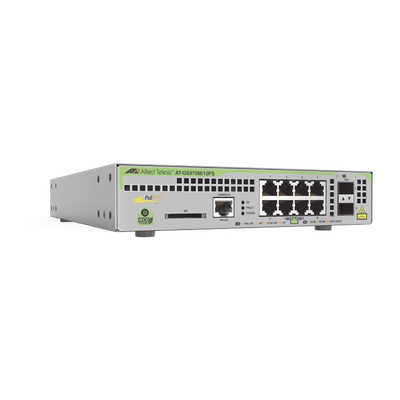 AT-GS970M/10PS-R-10 - Switch PoE+ Administrable / 8 Puertos Gigabit / 2 SFP Uplink / 124 W PoE / Capa 3