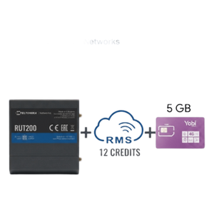 RUT200+1YRMS+5GBYOBI - Router Industrial 4G LTE / Cat 4 150 Mbps / Wi-Fi 2.4 GHz / -40°C a 75°C / Gestión RMS / Kit con SIM 5GB/Mes Año