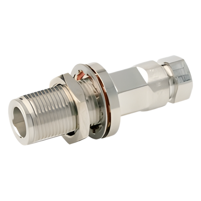 F1PNF-BHC - Conector N Hembra de Chasis / Auto-sujetado / FSJ1-50A 1/4" / 50 Ω / DC-6000 MHz / Oro-Plata-Trimetal