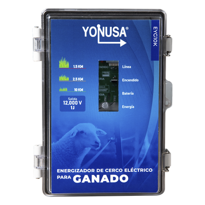 SYSGAN25K - Energizador para Cercas Electrificadas / 10,000 V / 2 Joules / 25 km (82,020 ft) / Alimentación Solar 12 V / Batería Respaldo 3 Días
