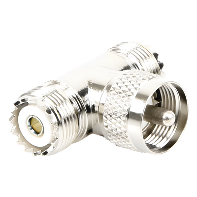 RFU-533 - Adaptador RF en T / UHF Macho PL-259 a Doble UHF Hembra SO-239 / 50 Ohm / Níquel-Plata / Delrin