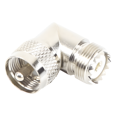 RFU-532 - Adaptador RF en Ángulo Recto / UHF Macho PL-259 a UHF Hembra SO-239 / Cuerpo Bronce Niquelado / Aislante Delrin