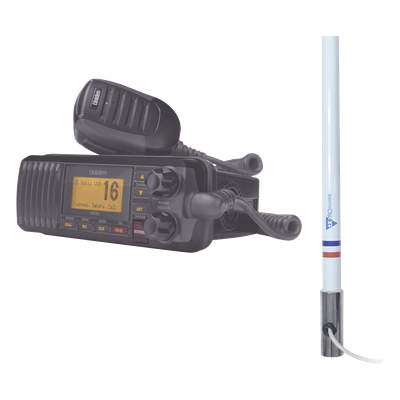 UM-385BK/KIT5101 - Kit de radio marina con antena de fibra de vidrio / 156-163 MHz / 25W / 2.4 m (7.9 ft) / Omnidireccional / IPX4